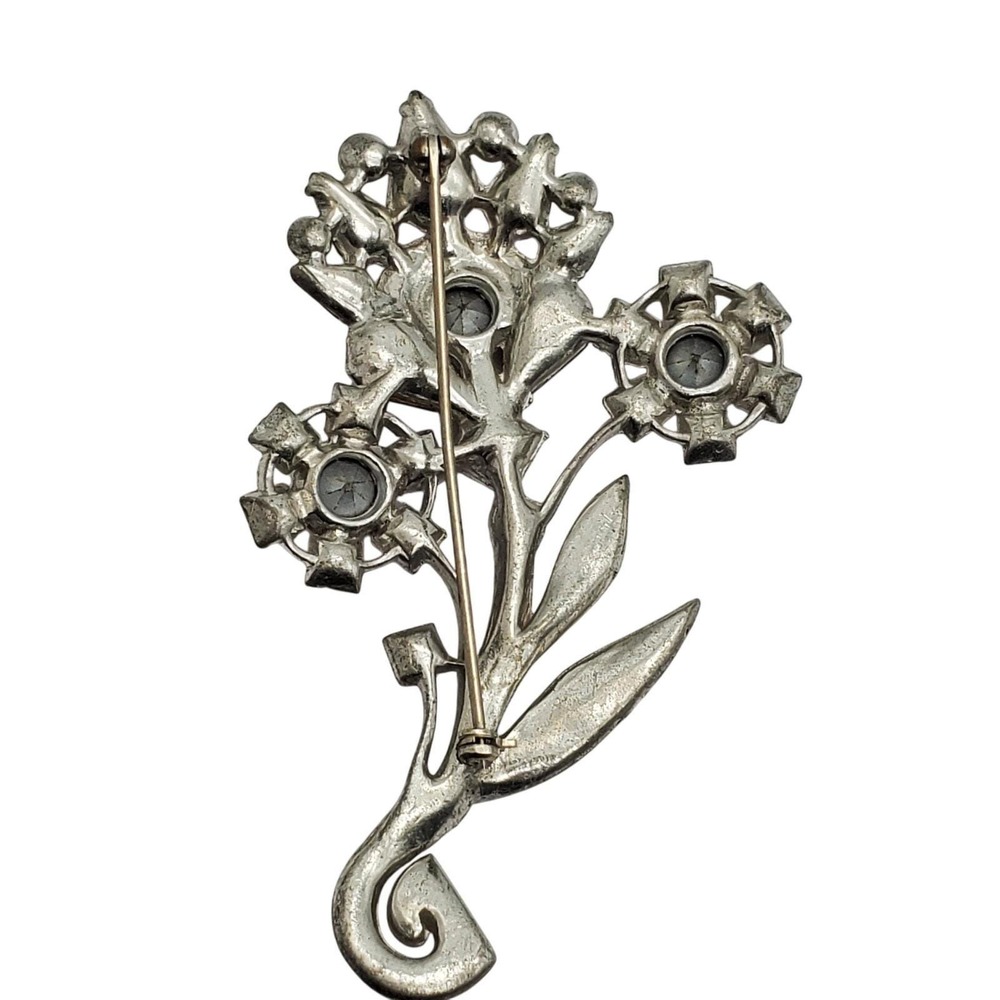 Vintage Flower Brooch Red Rhinestone Pot Metal Silver Tone Bouquet Pin Statement - Picture 2 of 6